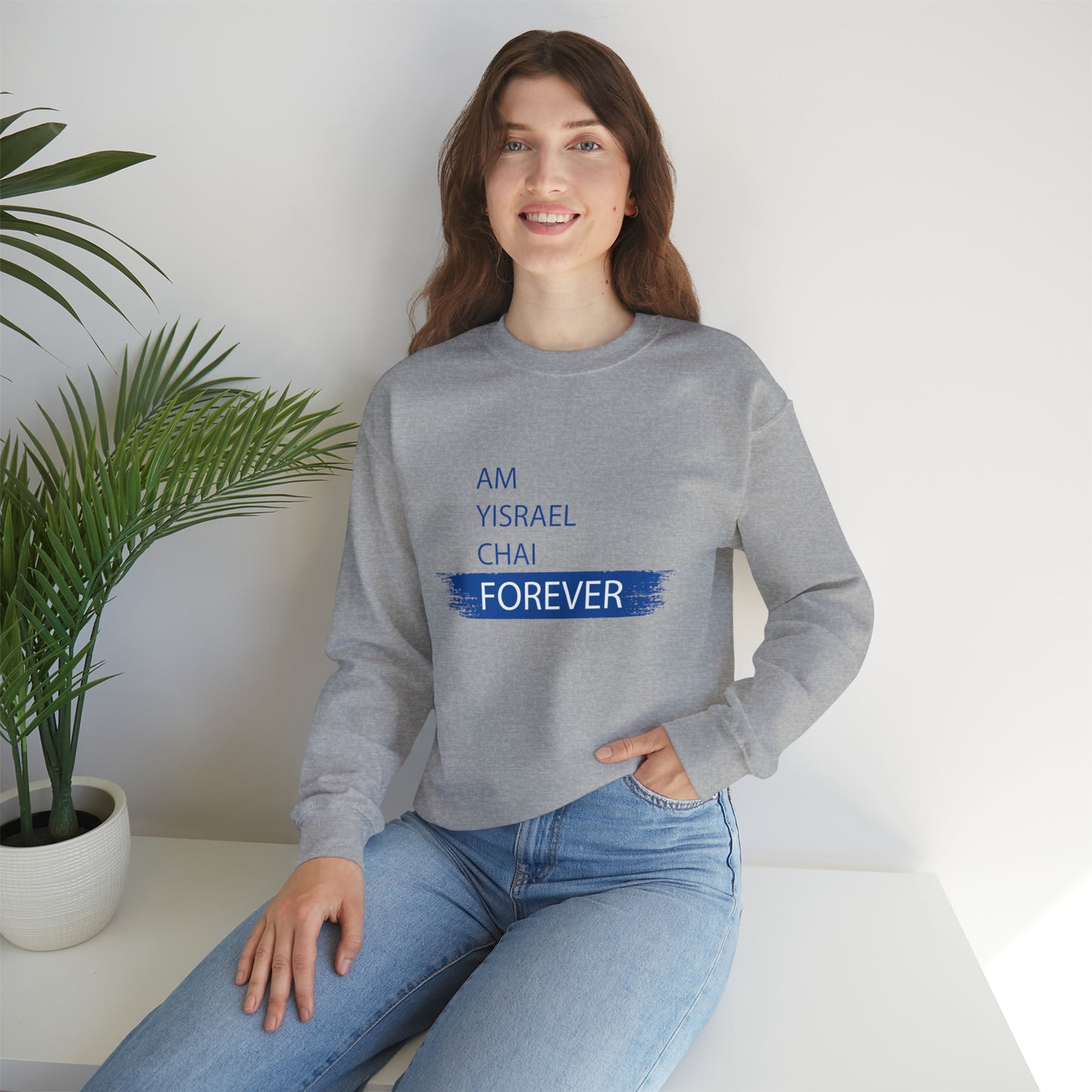 Am Yisrael Chai Forever Blue Stripe Crewneck Sweatshirt