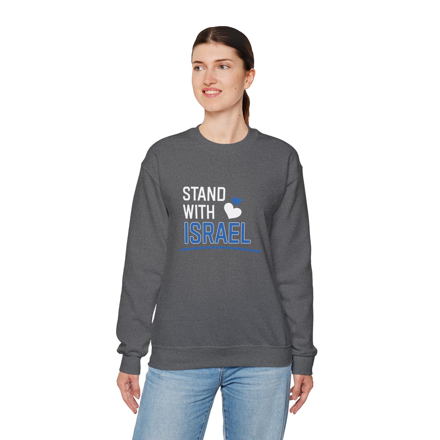 Stand With Israel Blue and White Hearts Crewneck Sweatshirt